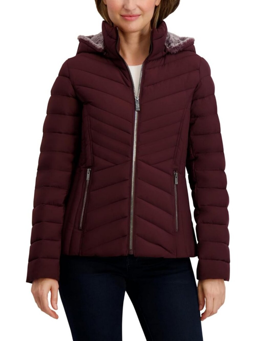 Midweight Stretch Puffer Jacket with Faux Fur Hood for Women - Cozy & Stylish